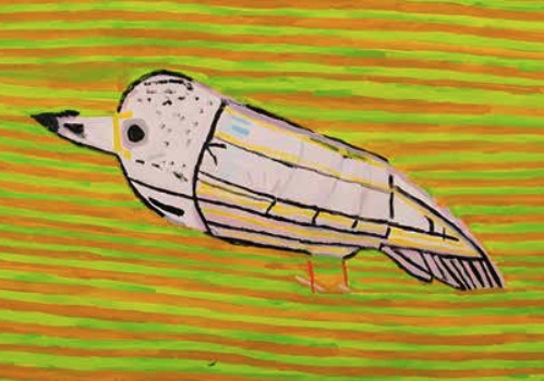 Wat is de waarde van kunst voor mensen met een beperking? Schilderij van een vogel, gemaakt van kunstenaar met handicap. Over outsider art en de waarde van kunst in de zorg.